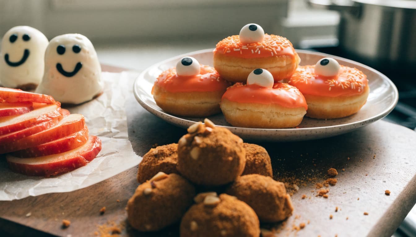 Halloween treats arranged in clusters on plates and a wooden board.