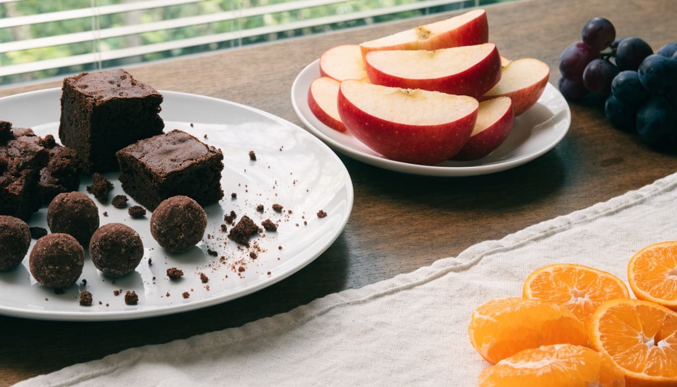 Brownies and truffles arranged beside apple slices, grapes, and orange segments.