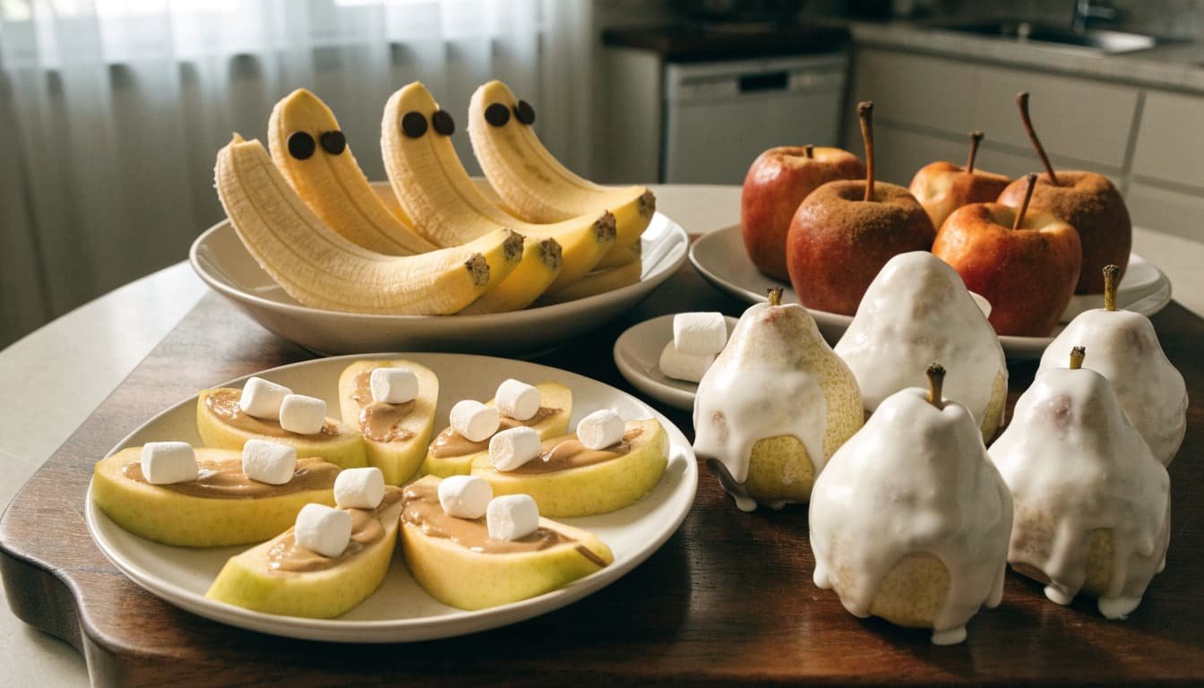 Fruit Halloween treats arranged on a wooden board and ceramic plates.