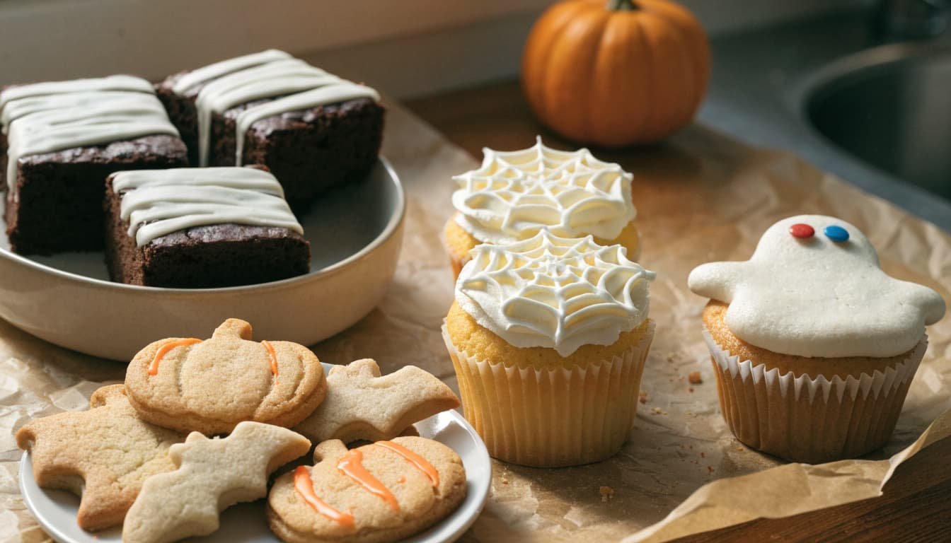 Halloween brownies, decorated cupcakes, and pumpkin and bat cookies arranged on a kitchen table.