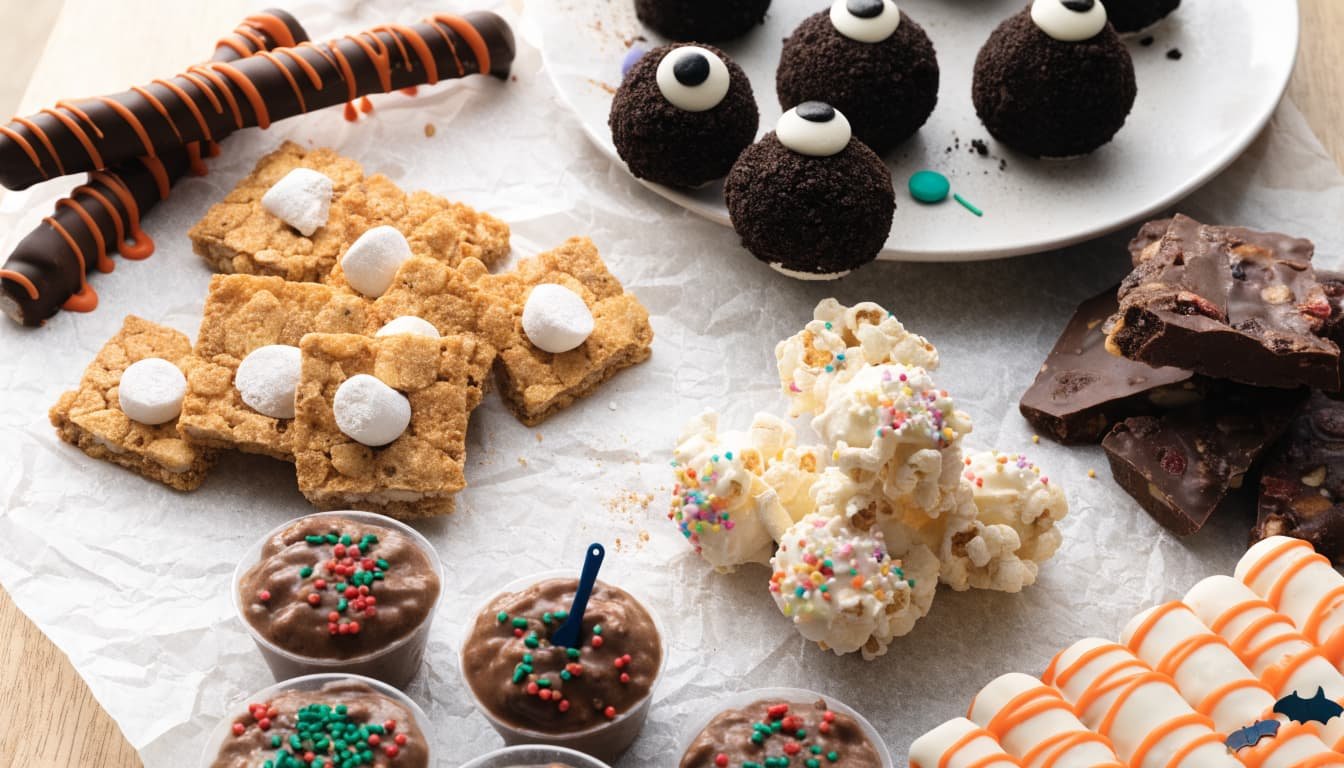 A kitchen table filled with assorted Halloween treats arranged in small clusters.